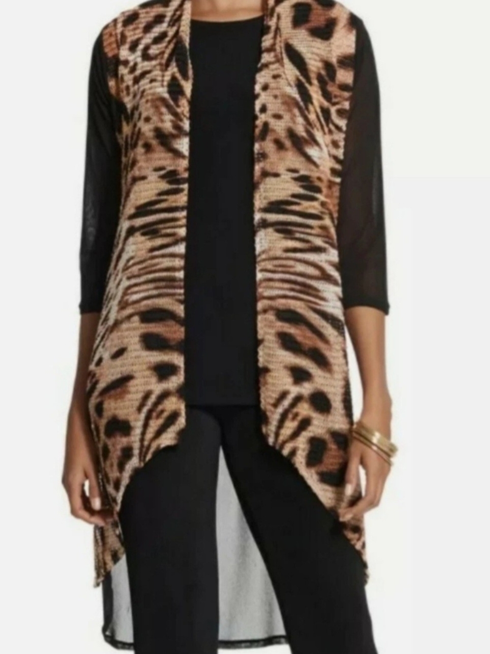 Chicos Travelers Sz 2 (large) Leopard Mesh Mixed Print Jacket Cardigan Black EUC